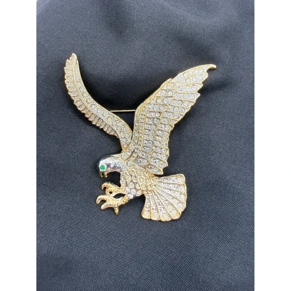 Gold Tone Soaring Eagle Brooch Clear Pave Crystal Rhinestone Green Eye Pin